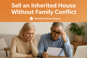 Worried Oklahoma couple reviewing inherited house documents at home with text overlay ‘Sell an Inherited House Without Family Conflict’ Remedy Home Buyers.