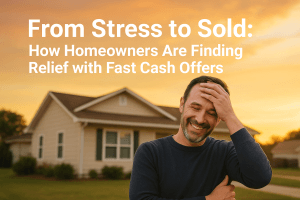Smiling homeowner standing in front of house at sunset after selling with fast cash offer representing stress-free home selling success.