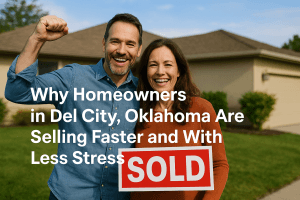 Happy couple standing in front of their sold home in Del City, Oklahoma, holding a red SOLD sign — representing homeowners selling their houses faster and with less stress through Remedy Home Buyers.