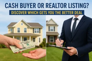 Home seller choosing between a cash buyer offer and listing with a realtor — comparison of fast cash sale vs. traditional market listing.