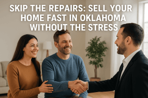 Happy Oklahoma homeowners shaking hands with a home buyer after selling their house as-is, representing a fast and stress-free sale with Remedy Home Buyers.