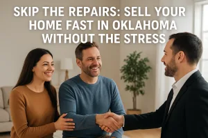 Happy Oklahoma homeowners shaking hands with a home buyer after selling their house as-is, representing a fast and stress-free sale with Remedy Home Buyers.