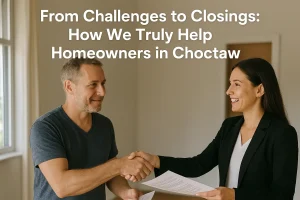 Homeowner shaking hands with a home buyer in a bright living room, symbolizing a stress-free home selling process in Choctaw with Remedy Home Buyers