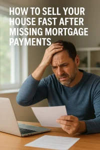 Stressed Oklahoma homeowner reviewing overdue mortgage papers at home with text overlay ‘How to Sell Your House Fast After Missing Mortgage Payments’ Remedy Home Buyers