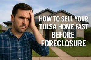 Stressed Tulsa homeowner standing outside his house, looking for solutions on how to sell fast before foreclosure to protect his credit.