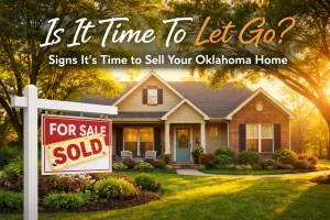 Oklahoma home with sold sign in front yard at sunset, symbolizing a stress free home sale