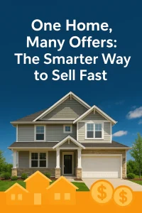 Modern home with green lawn and promotional text reading ‘One Home, Many Offers: The Smarter Way to Sell Fast,’ representing a stress-free, fast home selling program with multiple cash offers.