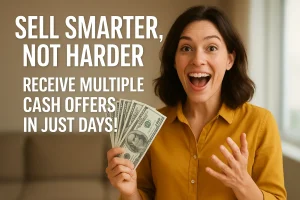 Happy homeowner holding cash after selling a house fast through a multiple cash offer program Sell Smarter, Not Harder