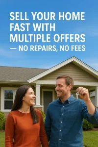 Happy couple standing in front of their sold home after using a multiple offer program to sell fast with no repairs or fees in Oklahoma City.