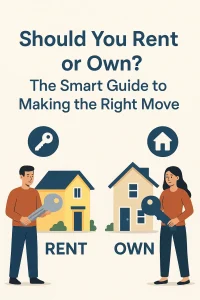 Illustration showing the choice between renting and owning a home, representing flexibility versus long-term investment for homebuyers.