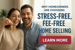 Happy homeowners celebrating a successful stress-free, fee-free home sale after receiving multiple cash offers.