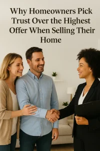 Happy homeowners shaking hands with a trusted home buyer in Oklahoma, showing why sellers choose trust over the highest offer when selling their house.