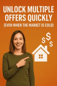 Smiling homeowner pointing toward a house icon with dollar signs, promoting the message ‘Unlock Multiple Offers Quickly (Even When the Market Is Cold)’ on an orange background