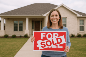 Smiling homeowner standing in front of her sold house in Jenks, Oklahoma, holding a red “For Sale” sign marked “Sold,” symbolizing a fast home sale.