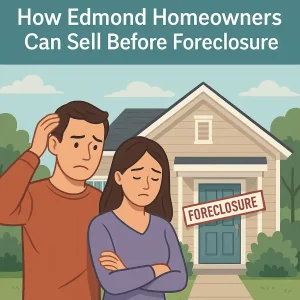 Worried Edmond Oklahoma homeowners standing in front of a house with a foreclosure sign, illustrating how to sell before foreclosure and avoid losing their home.