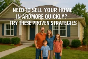 Happy family standing in front of their home in Ardmore, Oklahoma, representing a fast and stress-free home selling process.