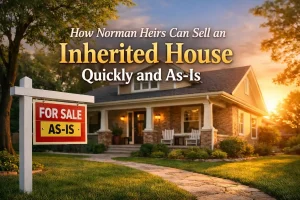 Inherited home in Norman Oklahoma with a for sale as-is sign, showing a simple and stress-free way for heirs to sell a house