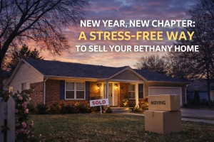 Bethany Oklahoma home at twilight with a sold sign and moving boxes, representing a stress-free home sale for the new year.