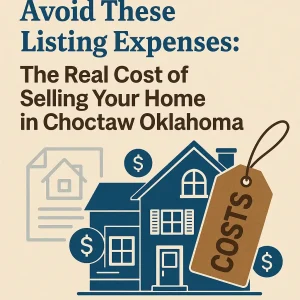 A clean infographic showing a house, cost icons, and a large price tag labeled "Costs," with the headline “Avoid These Listing Expenses: The Real Cost of Selling Your Home in Choctaw Oklahoma,” designed to highlight hidden fees homeowners face when selling traditionally.