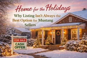 A Mustang, Oklahoma home decorated for Christmas with snow on the roof and a cash offer sign in the yard