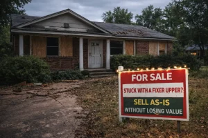 Nichols Hills Oklahoma home in need of repairs with a for sale sign, representing an as-is home sale without renovations.
