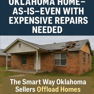 Oklahoma home with visible repair issues and a headline promoting a simple as-is home sale solution for sellers facing expensive repairs.