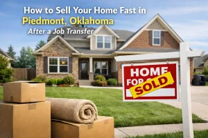 Home in Piedmont, Oklahoma with moving boxes and a sold sign, representing a fast and stress-free home sale after a job transfer.