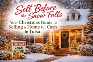 Snowy Tulsa home decorated for Christmas with a for sale sign, representing a stress free cash home sale during the holidays