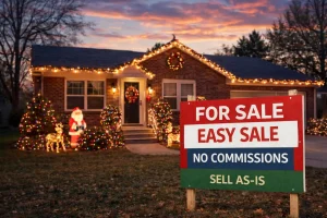Tulsa home decorated for the holidays with a for sale sign, representing an easy, commission-free home sale.