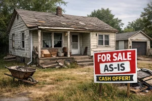 Tulsa home in poor condition with an as-is for sale sign, representing a fast and simple home sale without repairs.
