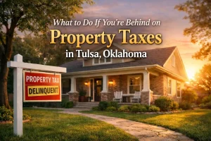 Tulsa Oklahoma home with a property tax delinquent sign, representing options for homeowners behind on property taxes