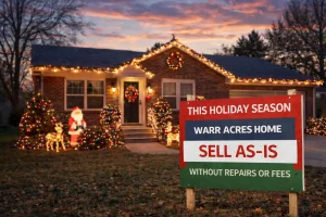 Warr Acres Oklahoma home at dusk during the holidays, representing an as-is home sale without repairs.