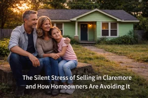Family standing in front of a green home in Claremore, Oklahoma, exploring a stress free home selling option