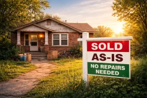 A weathered Edmond Oklahoma home with a sold as is sign showing a no repairs home sale option