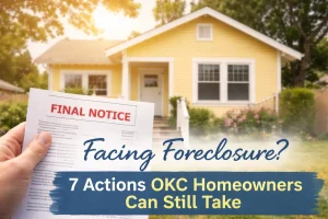 Small yellow home in Oklahoma City with a foreclosure notice, representing homeowners looking for ways to stop foreclosure.