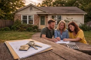 Oklahoma City siblings standing outside an inherited old home