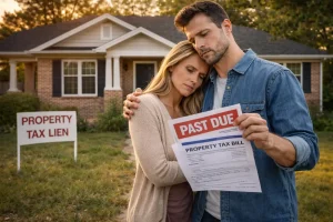 Jenks Oklahoma homeowners standing outside their home while dealing with back property taxes