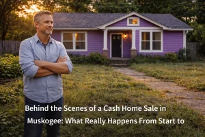 Homeowner standing outside a purple house in Muskogee, Oklahoma, exploring a cash home sale