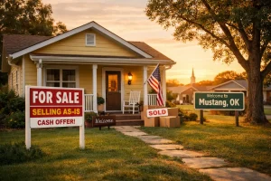 Small yellow home in Mustang, Oklahoma with a for sale sign, representing homeowners selling after missed mortgage payments.