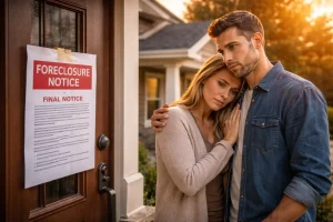 Oklahoma City homeowners standing outside their home after receiving a foreclosure notice