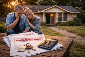 Oklahoma City homeowners standing outside their home while facing foreclosure