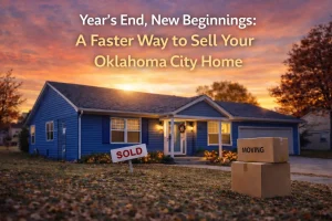 Blue single-story Oklahoma City home, representing a calm and stress-free way to sell before the new year.
