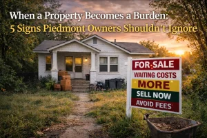 A white Piedmont Oklahoma home at dusk with a for sale sign, showing a property that has become a burden for the owner