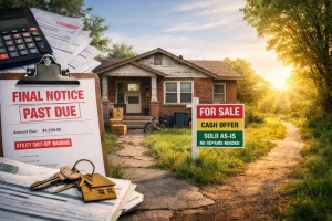 A Spencer Oklahoma home with past due bills and a cash for sale sign showing an as is home sale option for homeowners under financial stress