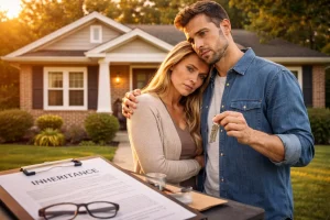 Family members holding house keys outside an inherited home in Tulsa Oklahoma