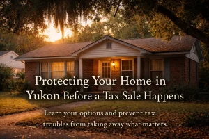 Yukon Oklahoma home at sunset with text about protecting a home before a tax sale