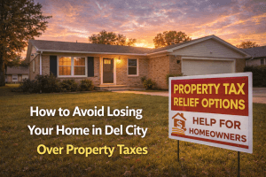 Del City Oklahoma single family home at sunset symbolizing relief from unpaid property tax stress through selling
