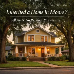 Inherited yellow two story home in Moore Oklahoma with text overlay about selling as is without making repairs