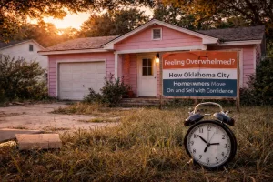 Pink single-story Oklahoma City home at sunset representing a confident and stress-free home sale