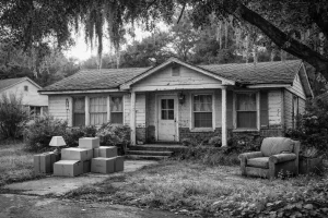 Black and white photo of an old inherited home sitting vacant in Owasso Oklahoma